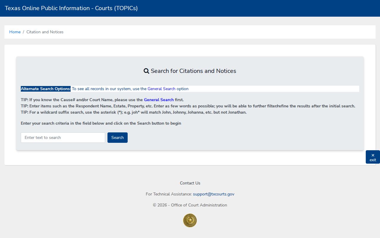 Live Oak County case search fields in the Texas citation notice portal