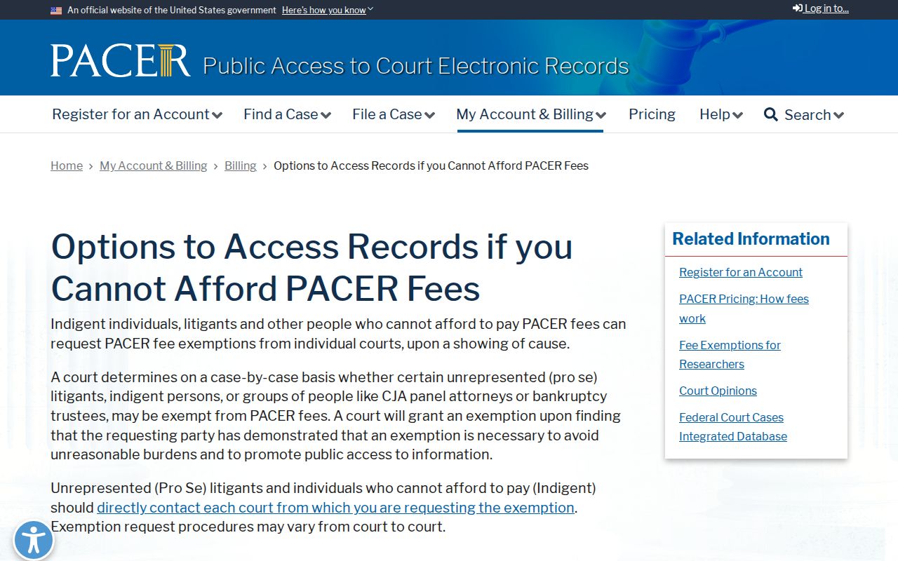 Live Oak County federal court record PACER fee waiver and terminal options